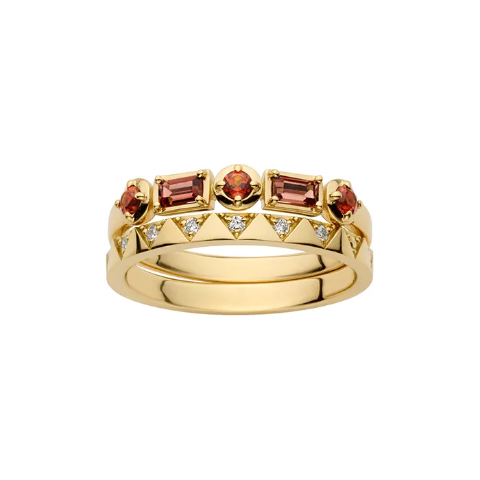 K18YGガーネット、ダイヤモンド２本セットリング