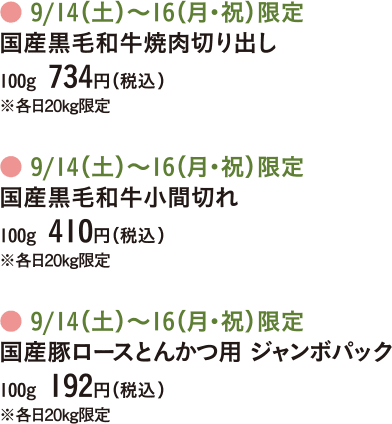 国産黒毛和牛焼肉切り出し、国産黒毛和牛小間切れ、国産豚ロースとんかつ用 ジャンボパック