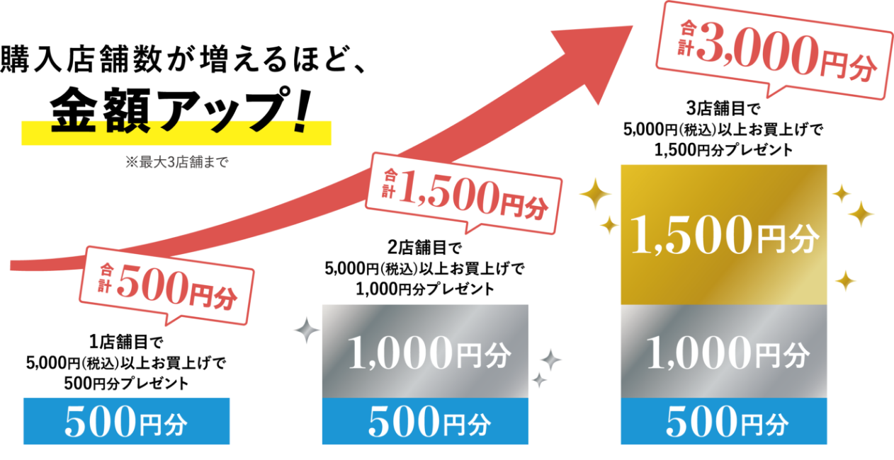 期間中に対象店舗にて、1店舗につき5,000円（税込）以上をテラスモール湘南カード（JCB）決済で、購入店舗数に応じてテラスモール湘南Payをプレゼント!（最大3店舗まで）