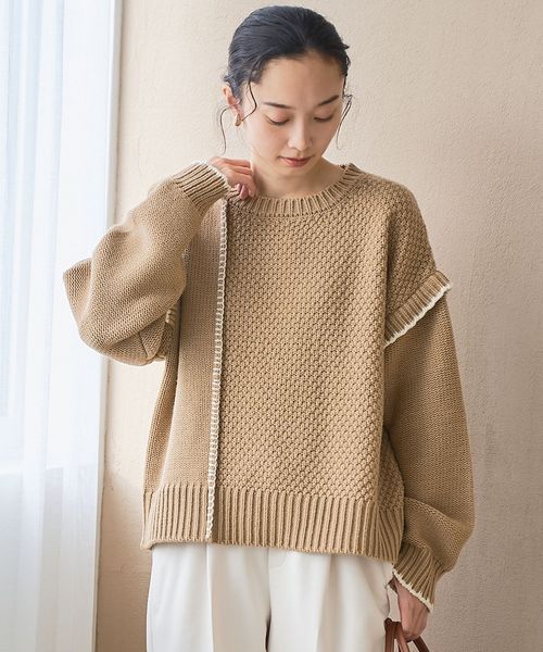 B2195【MALION/ビンテージ】ブラウン系パッチワークニット長袖 大人気！配色ステッチパッチワークニットをご紹介♡ | coen | ショップ